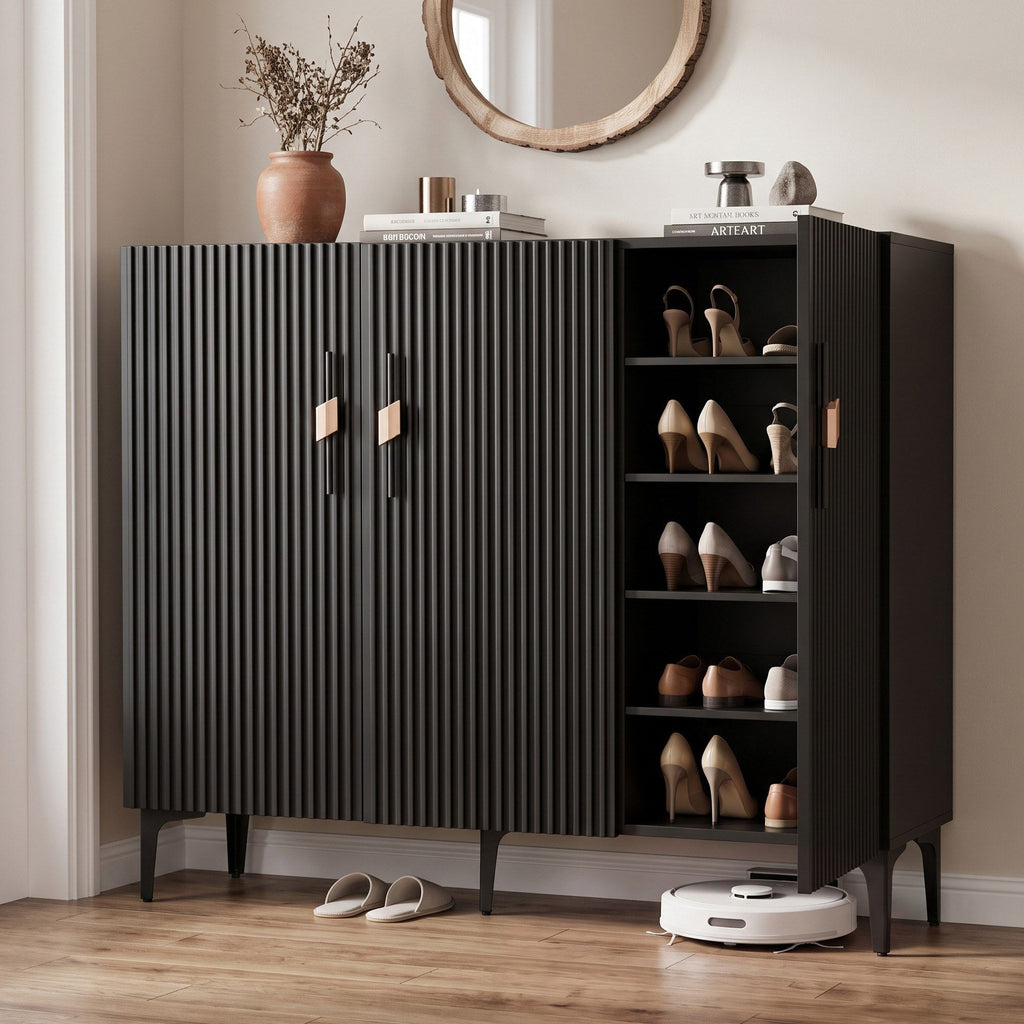 Shoe Cabinet – Fluted, Black, Holds 25 Pairs
