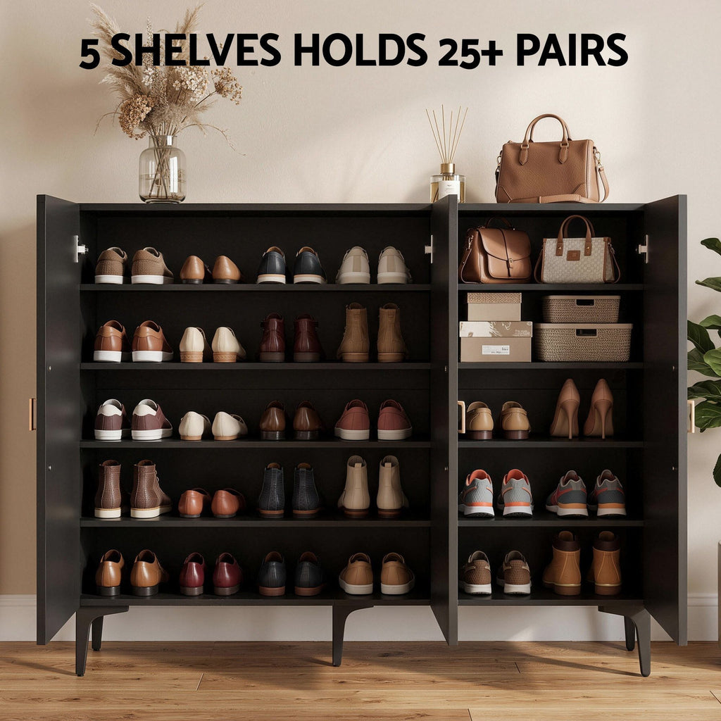 Shoe Cabinet – Fluted, Black, Holds 25 Pairs
