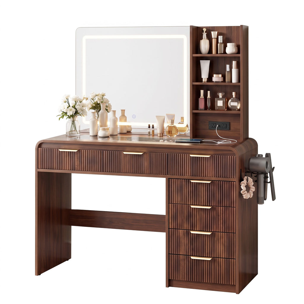 Dressing Table with LED Mirror & 7 Drawers – Walnut