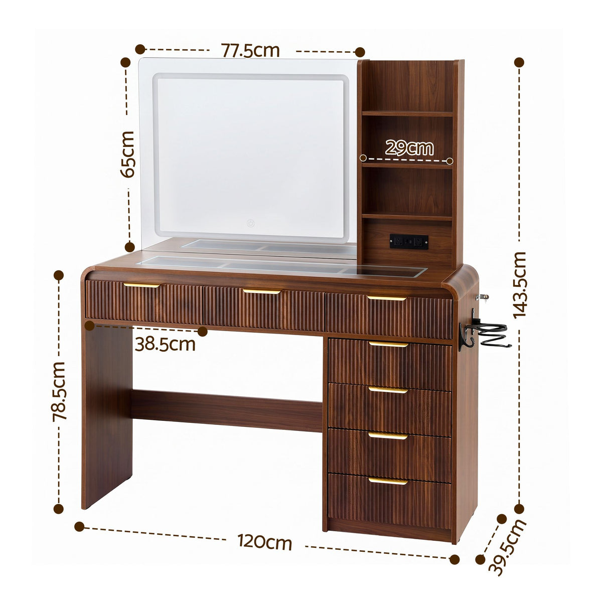 Dressing Table with LED Mirror & 7 Drawers – Walnut