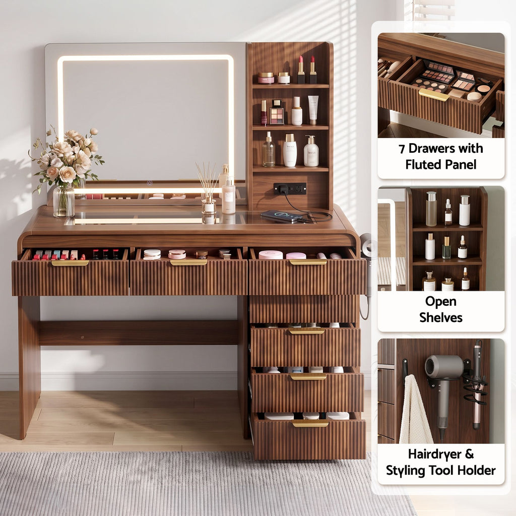 Dressing Table with LED Mirror & 7 Drawers – Walnut