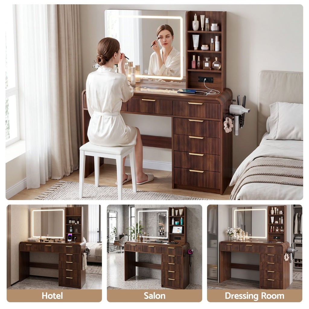 Dressing Table with LED Mirror & 7 Drawers – Walnut