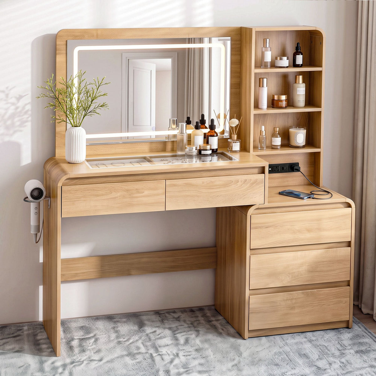 Dressing Table with LED Mirror & 5 Drawers – Wood