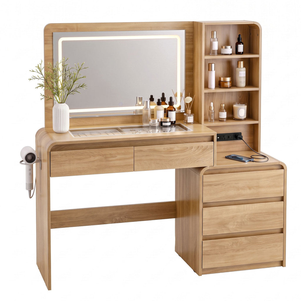 Dressing Table with LED Mirror & 5 Drawers – Wood