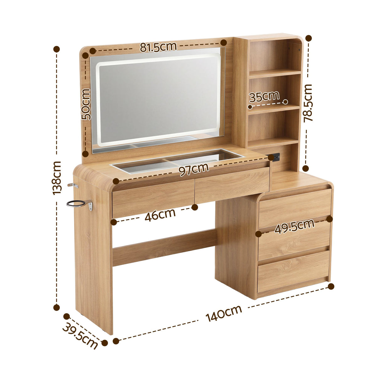 Dressing Table with LED Mirror & 5 Drawers – Wood
