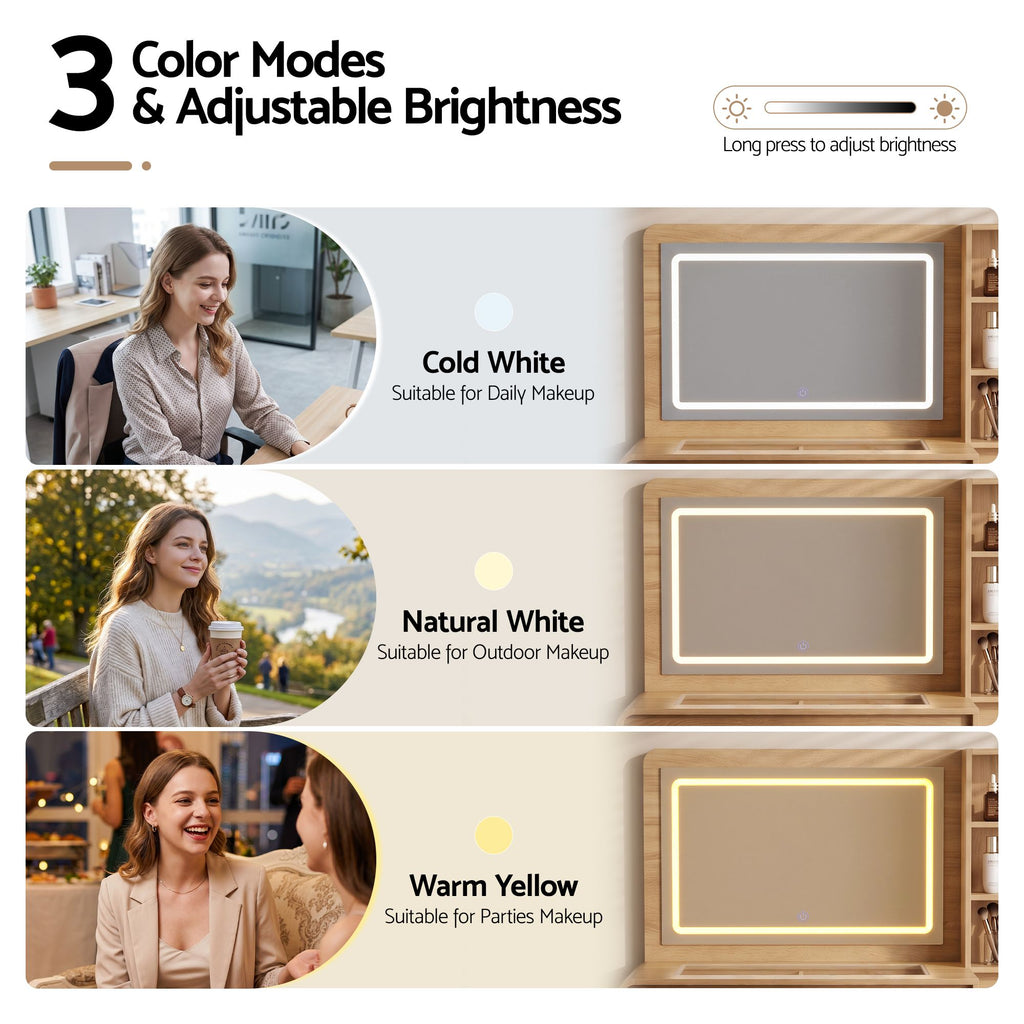 Dressing Table with LED Mirror & 5 Drawers – Wood
