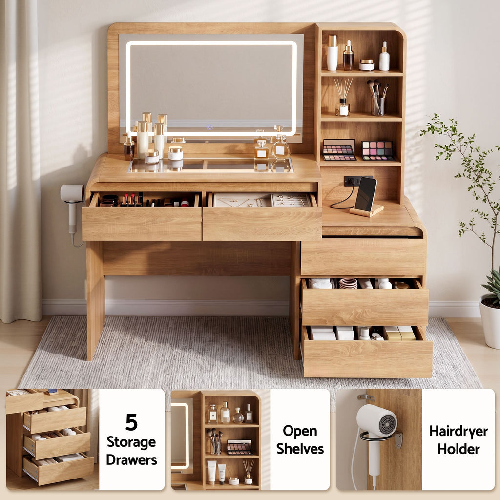 Dressing Table with LED Mirror & 5 Drawers – Wood