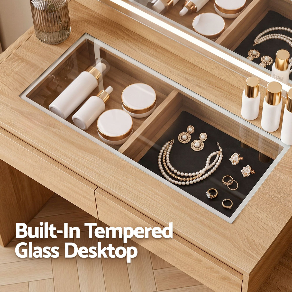 Dressing Table with LED Mirror & 5 Drawers – Wood