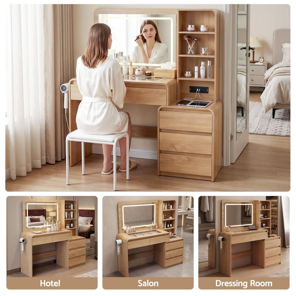 Dressing Table with LED Mirror & 5 Drawers – Wood