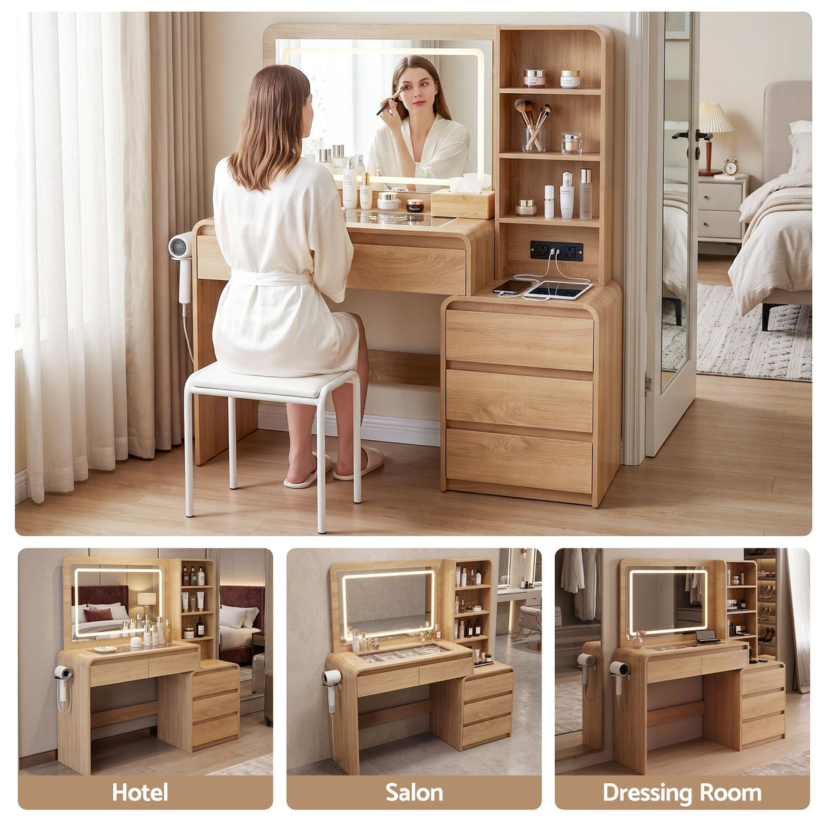 Dressing Table with LED Mirror & 5 Drawers – Wood