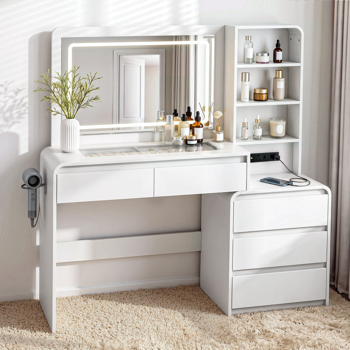 Dressing Table with LED Mirror & 5 Drawers – White