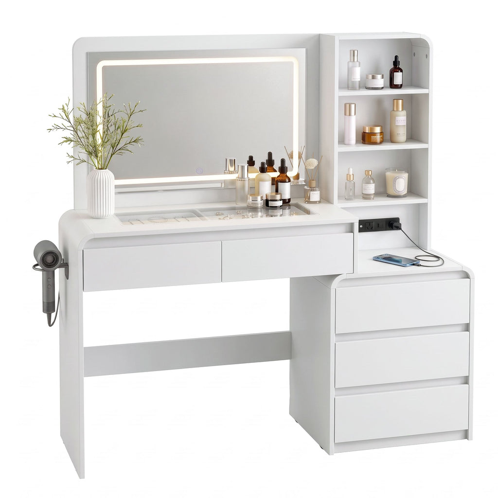 Dressing Table with LED Mirror & 5 Drawers – White