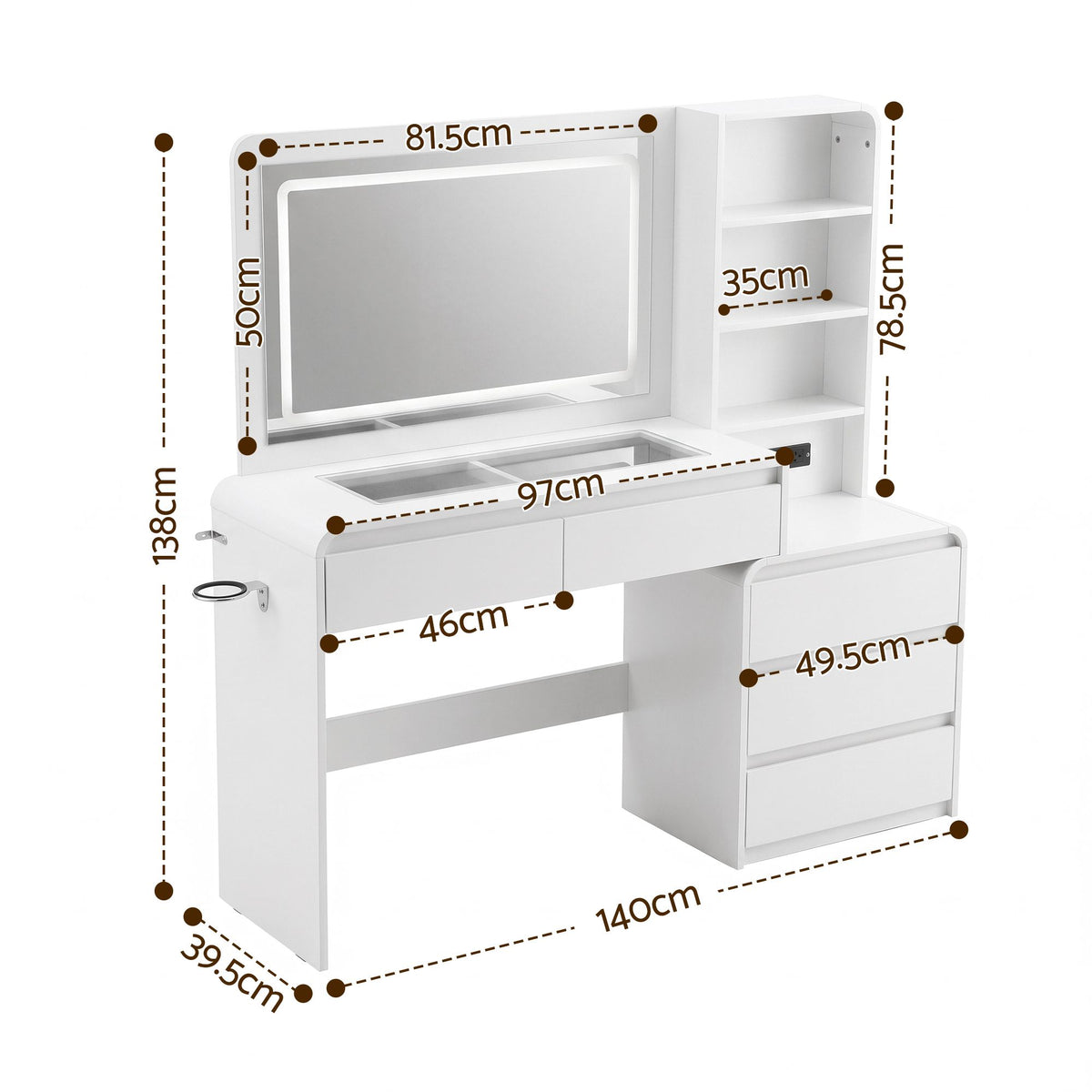 Dressing Table with LED Mirror & 5 Drawers – White