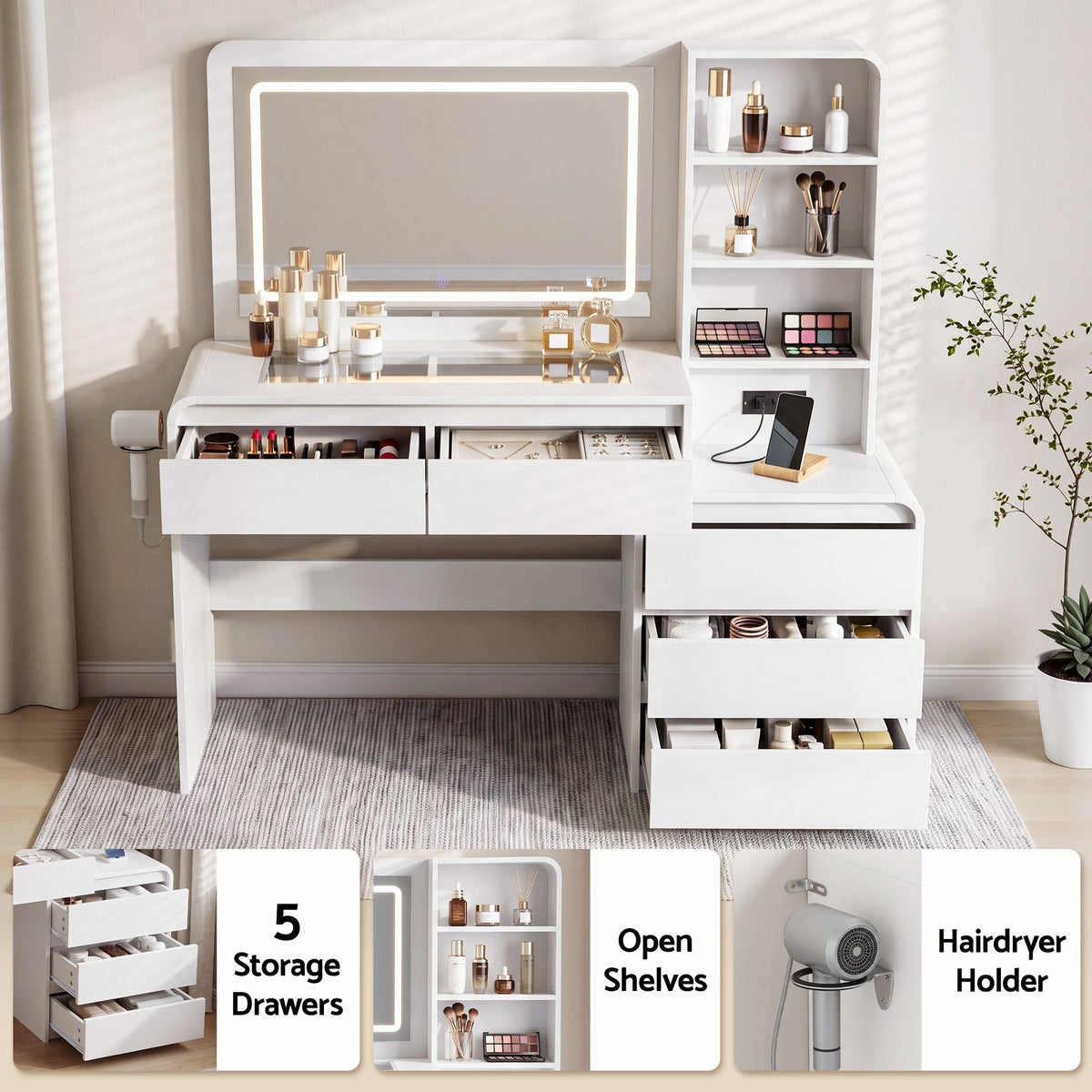Dressing Table with LED Mirror & 5 Drawers – White