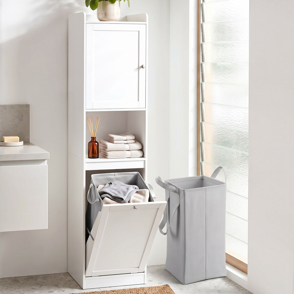 Bathroom Cabinet with Laundry Hamper – Tall, White