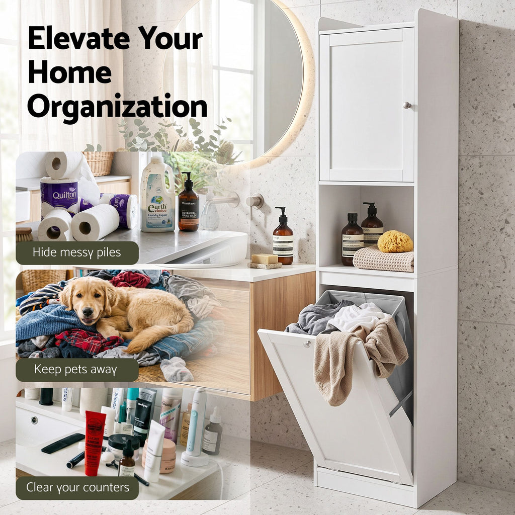 Bathroom Cabinet with Laundry Hamper – Tall, White