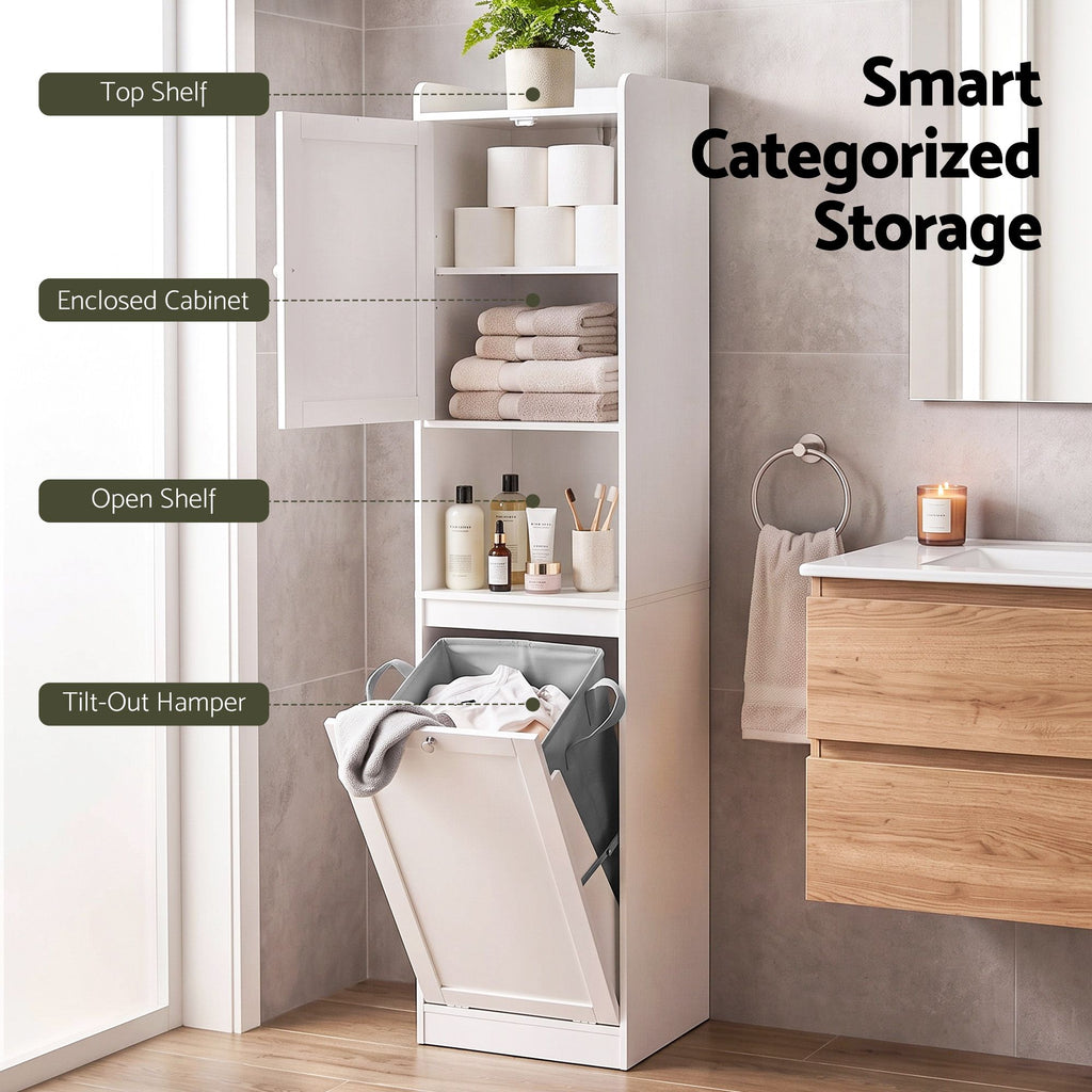 Bathroom Cabinet with Laundry Hamper – Tall, White