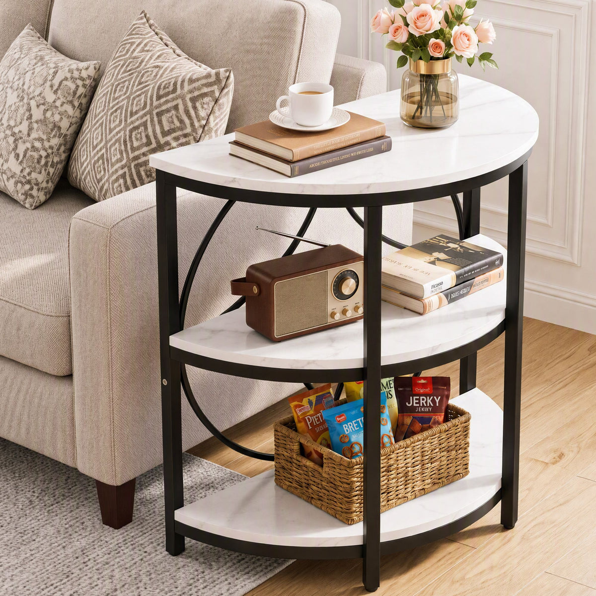 Side Table – Half-Moon, 3 Tiers, White & Black