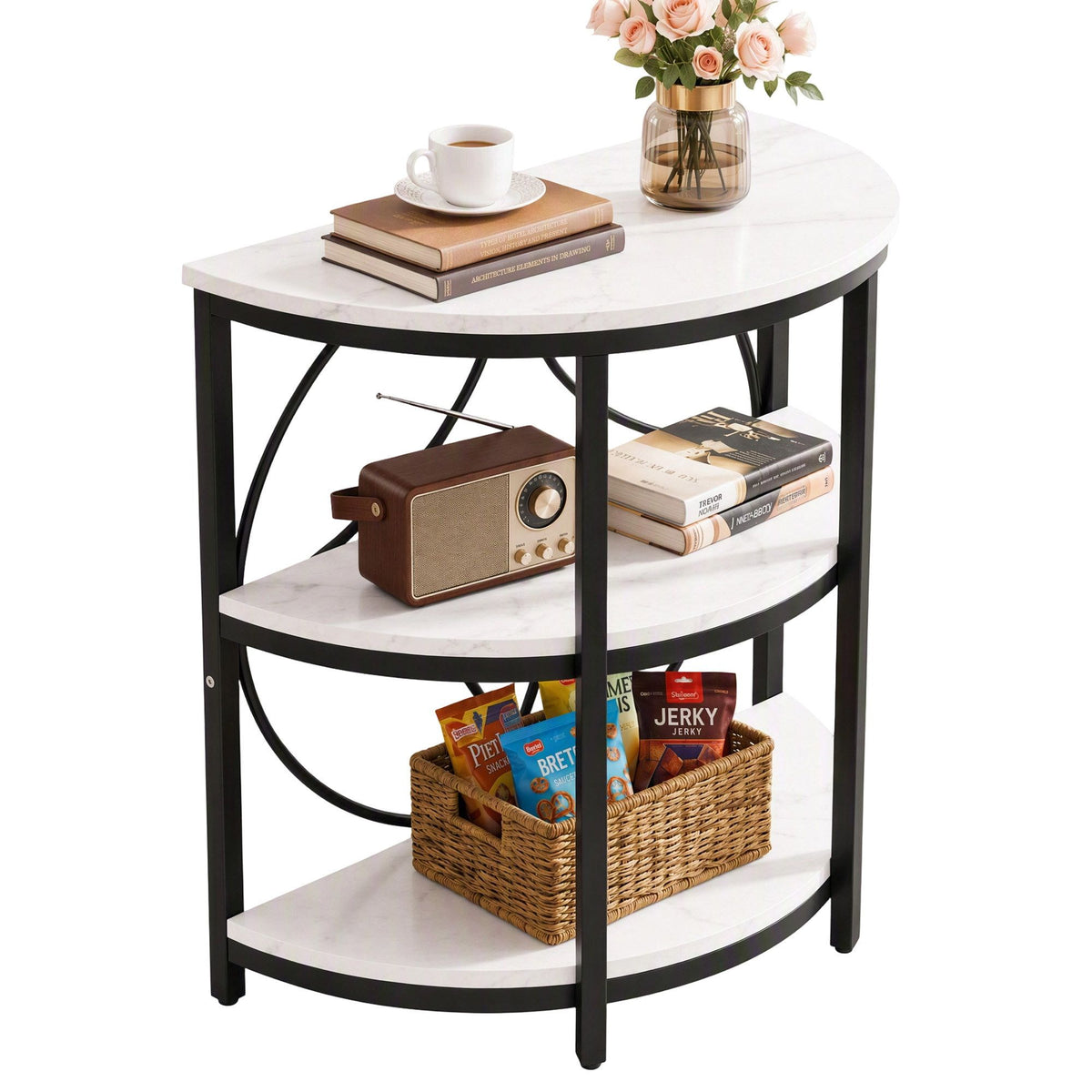 Side Table – Half-Moon, 3 Tiers, White & Black