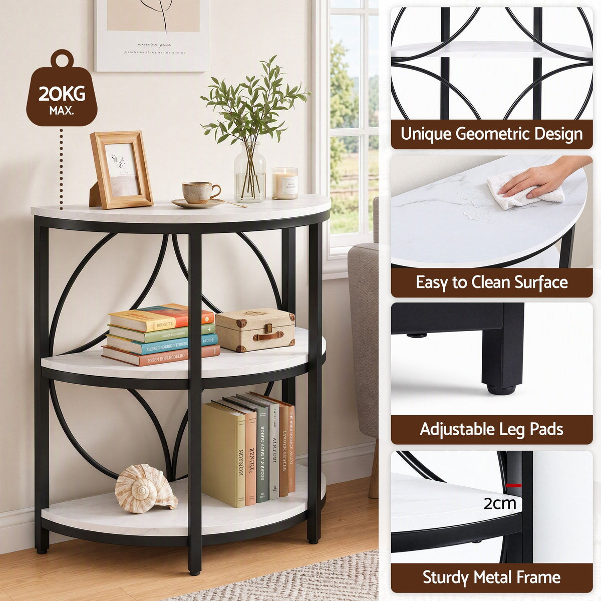 Side Table – Half-Moon, 3 Tiers, White & Black