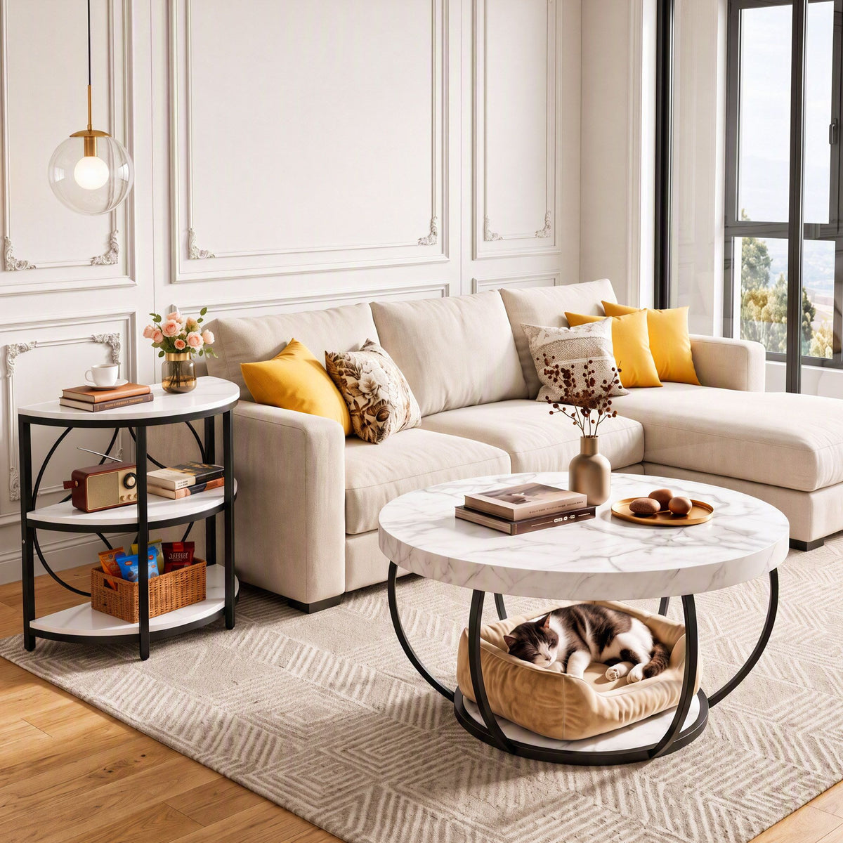 Side Table – Half-Moon, 3 Tiers, White & Black