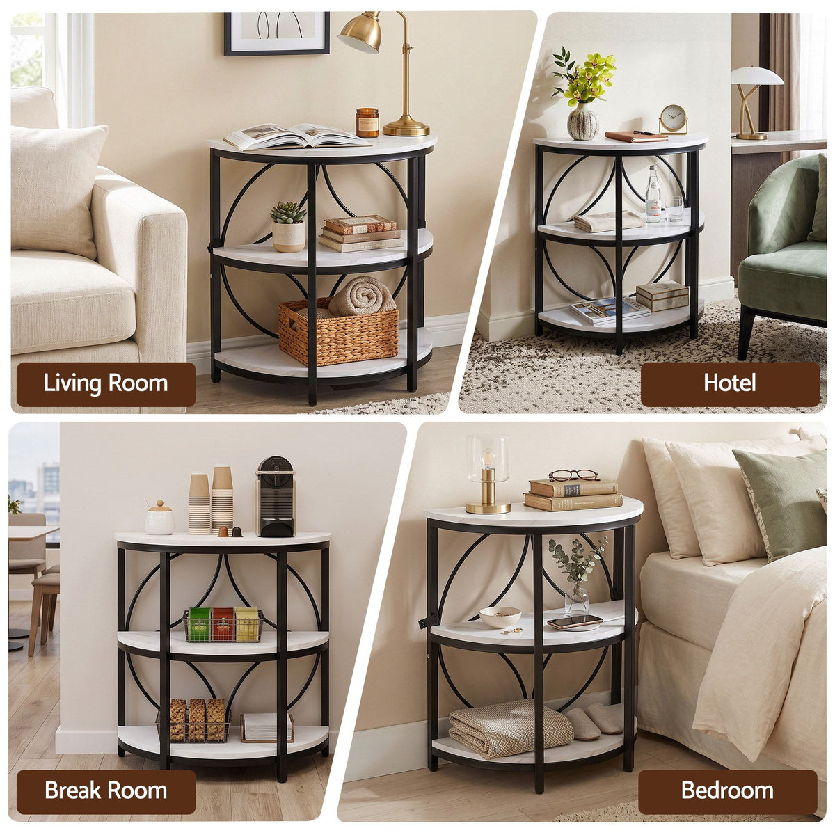 Side Table – Half-Moon, 3 Tiers, White & Black