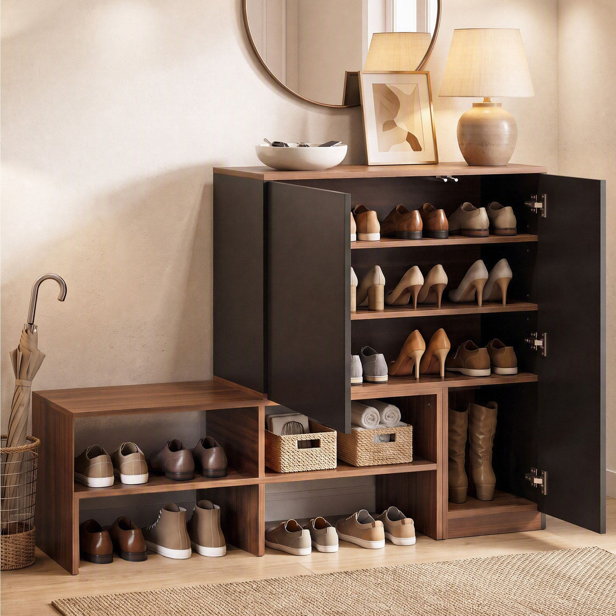 Shoe Storage Bench with Adjustable Shelves – Walnut & Black