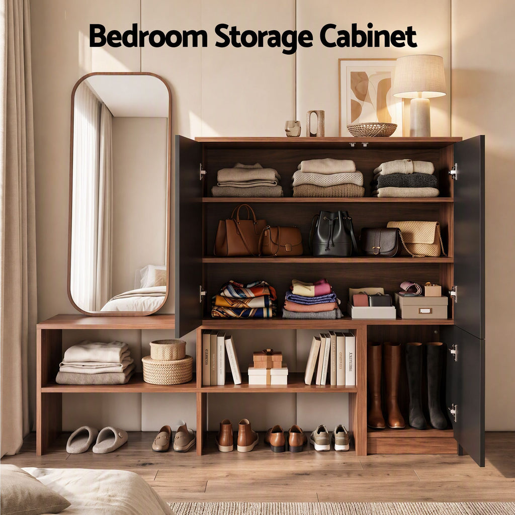 Shoe Storage Bench with Adjustable Shelves – Walnut & Black