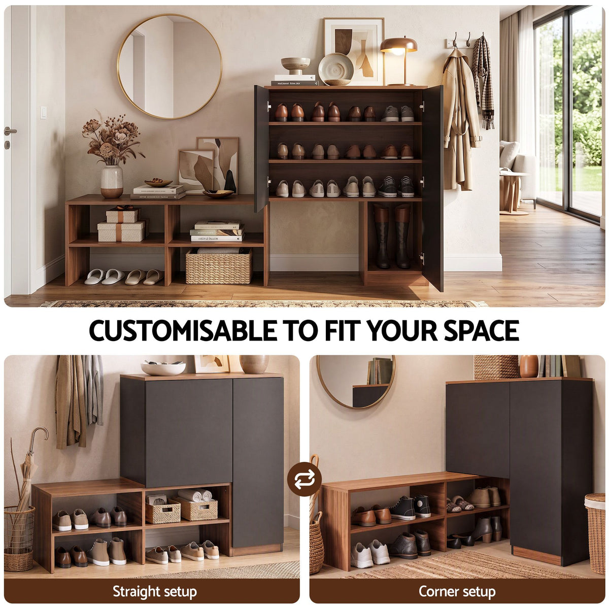 Shoe Storage Bench with Adjustable Shelves – Walnut & Black