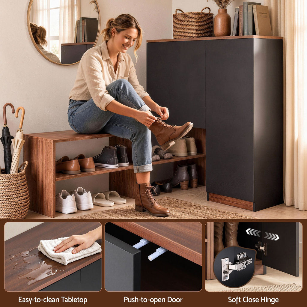 Shoe Storage Bench with Adjustable Shelves – Walnut & Black