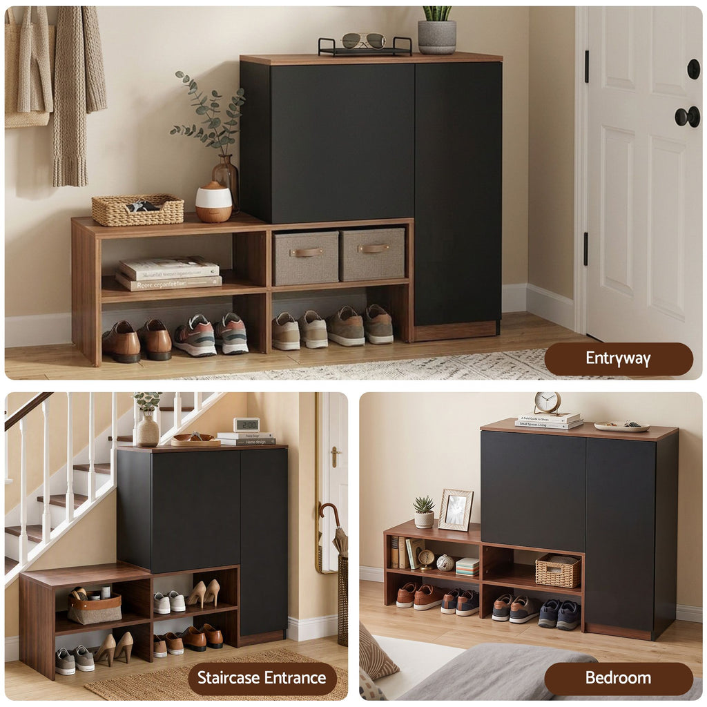 Shoe Storage Bench with Adjustable Shelves – Walnut & Black