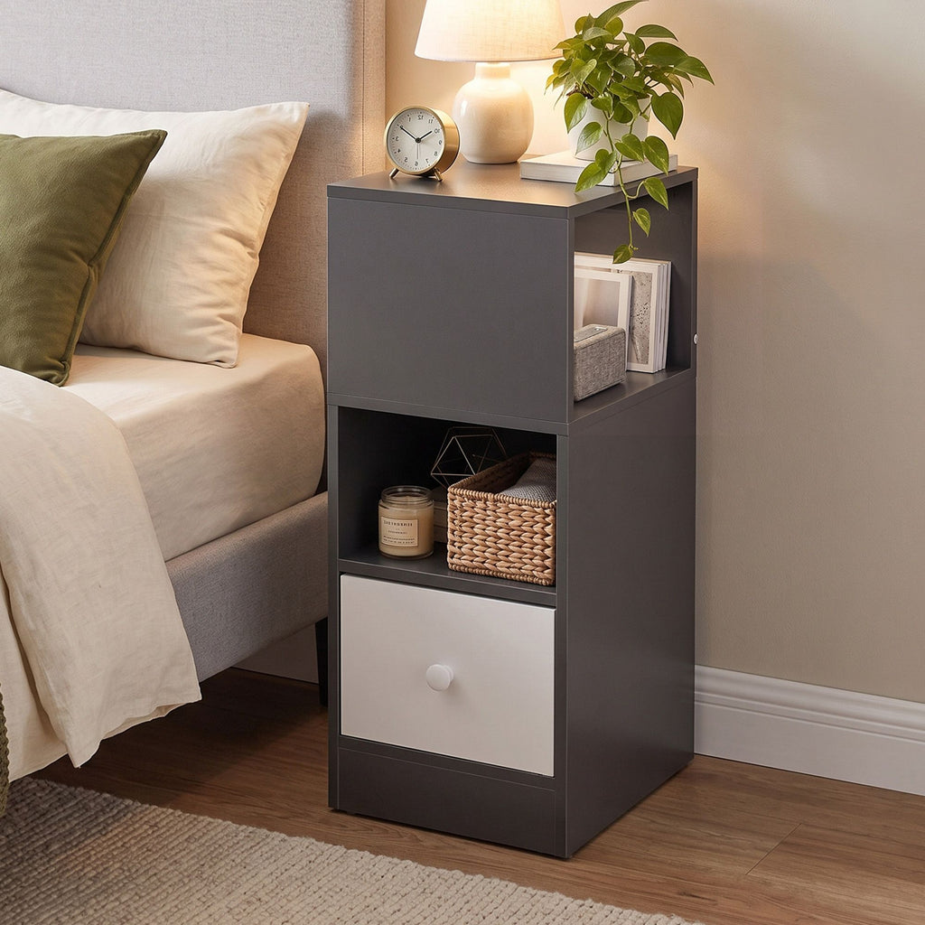 Bedside Table with Drawer – Narrow, Grey & White