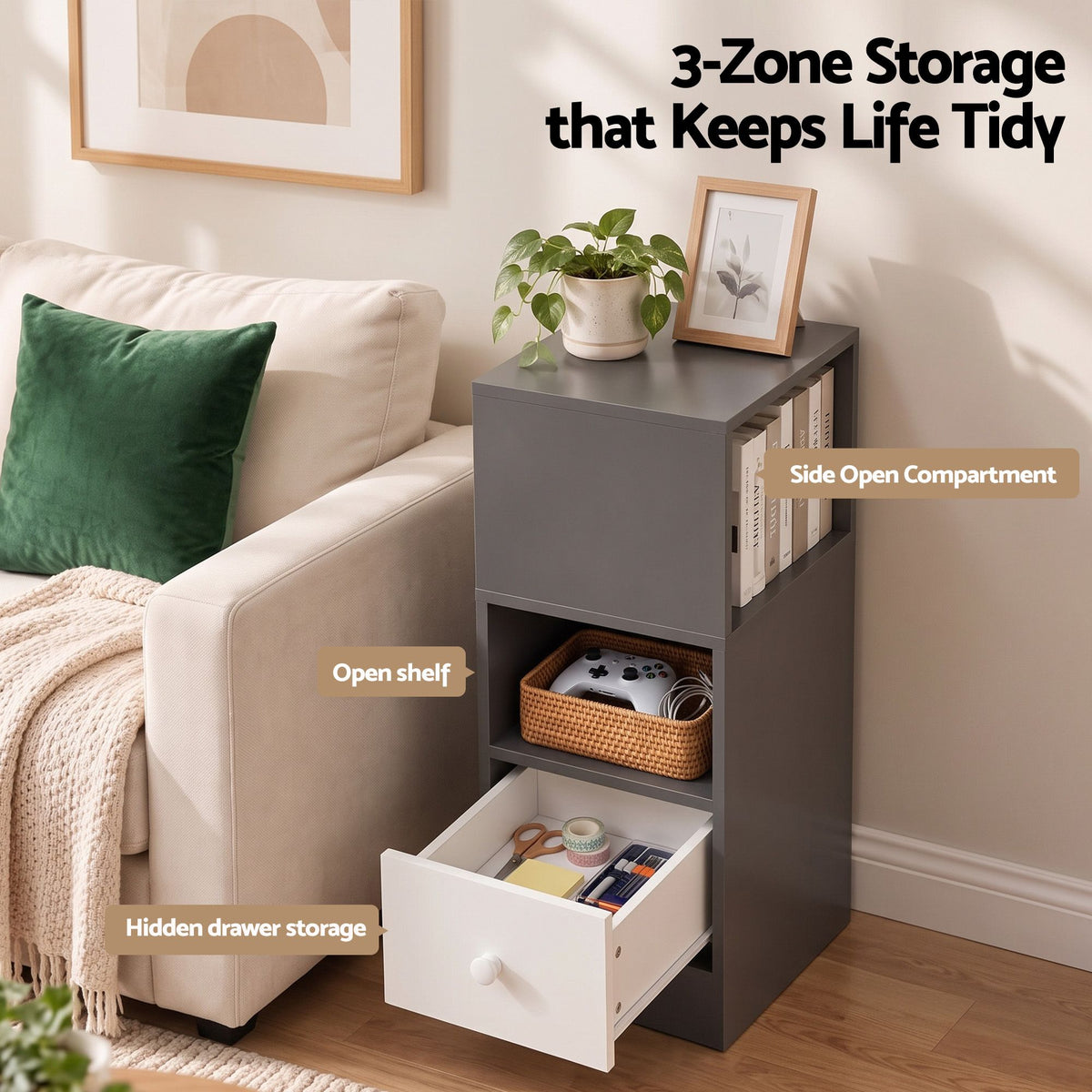 Bedside Table with Drawer – Narrow, Grey & White