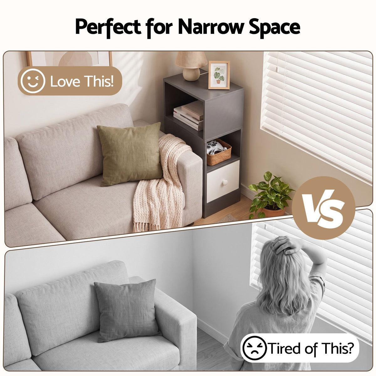 Bedside Table with Drawer – Narrow, Grey & White