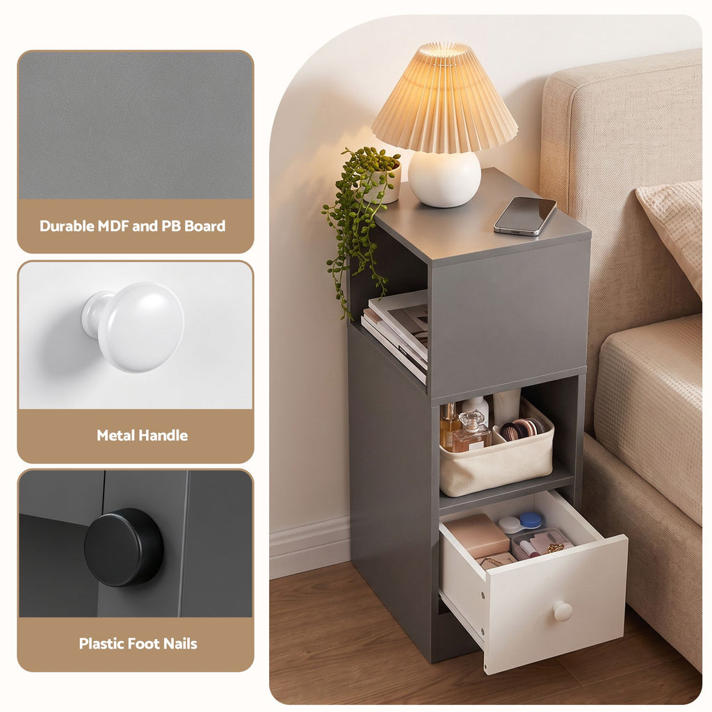 Bedside Table with Drawer – Narrow, Grey & White