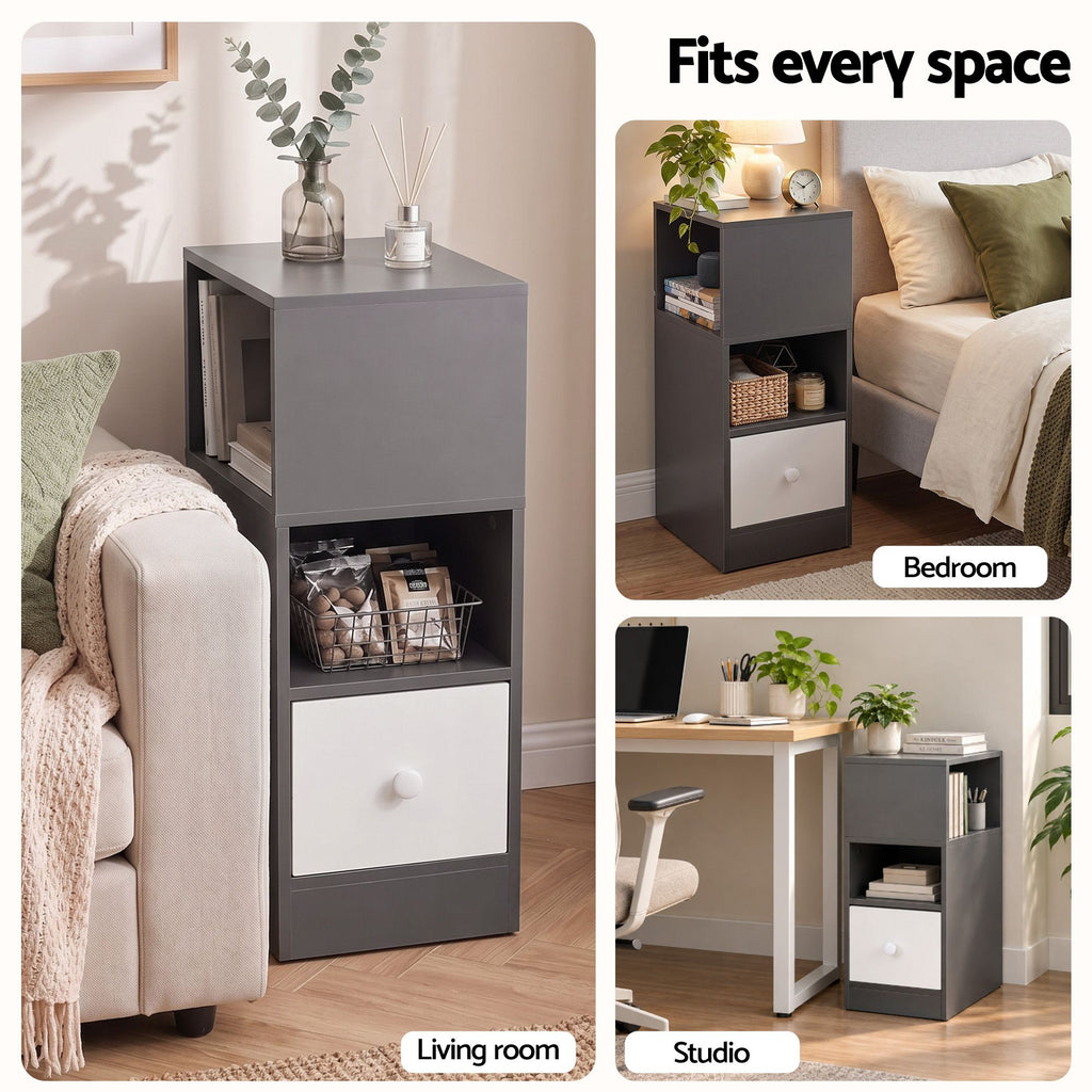 Bedside Table with Drawer – Narrow, Grey & White