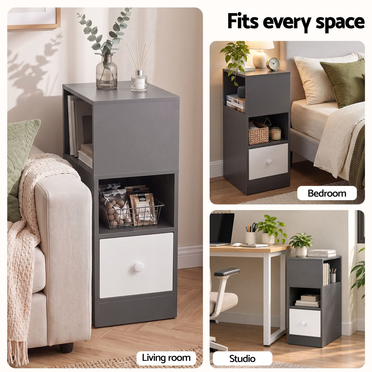 Bedside Table with Drawer – Narrow, Grey & White