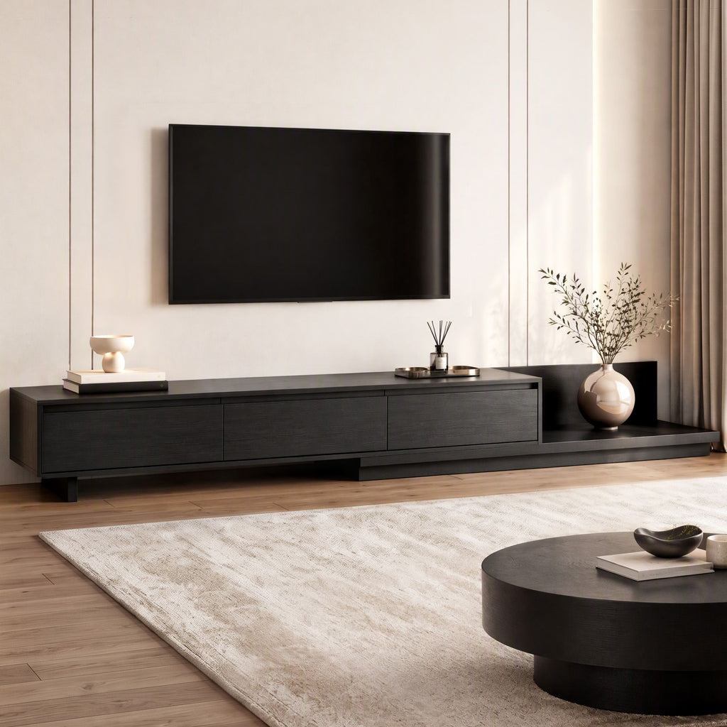 TV Unit with 3 Drawers – Extendable, Dark Walnut & Black