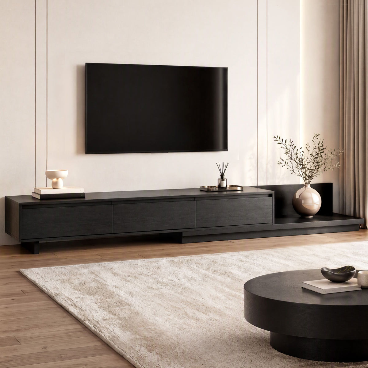 TV Unit with 3 Drawers – Extendable, Dark Walnut & Black
