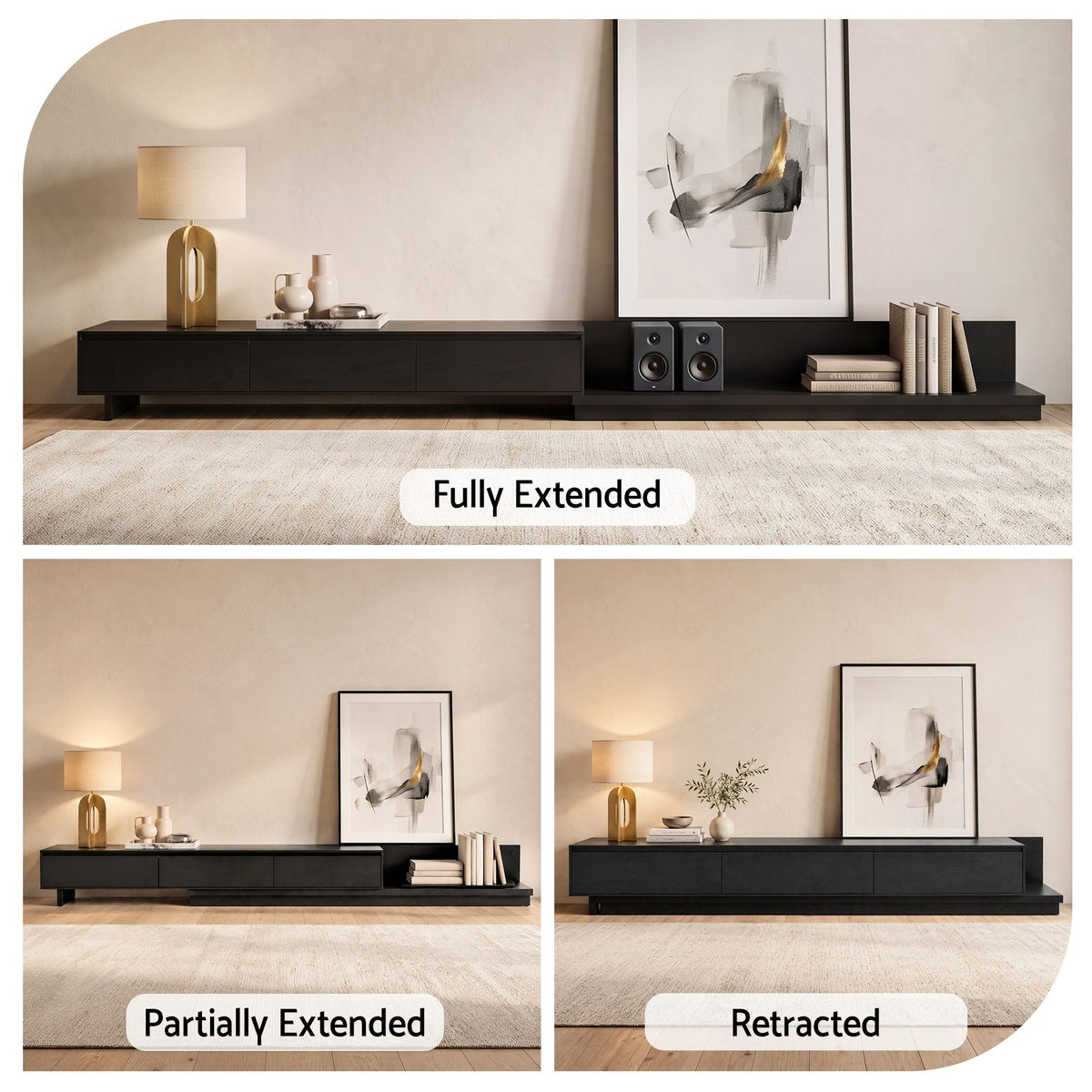 TV Unit with 3 Drawers – Extendable, Dark Walnut & Black