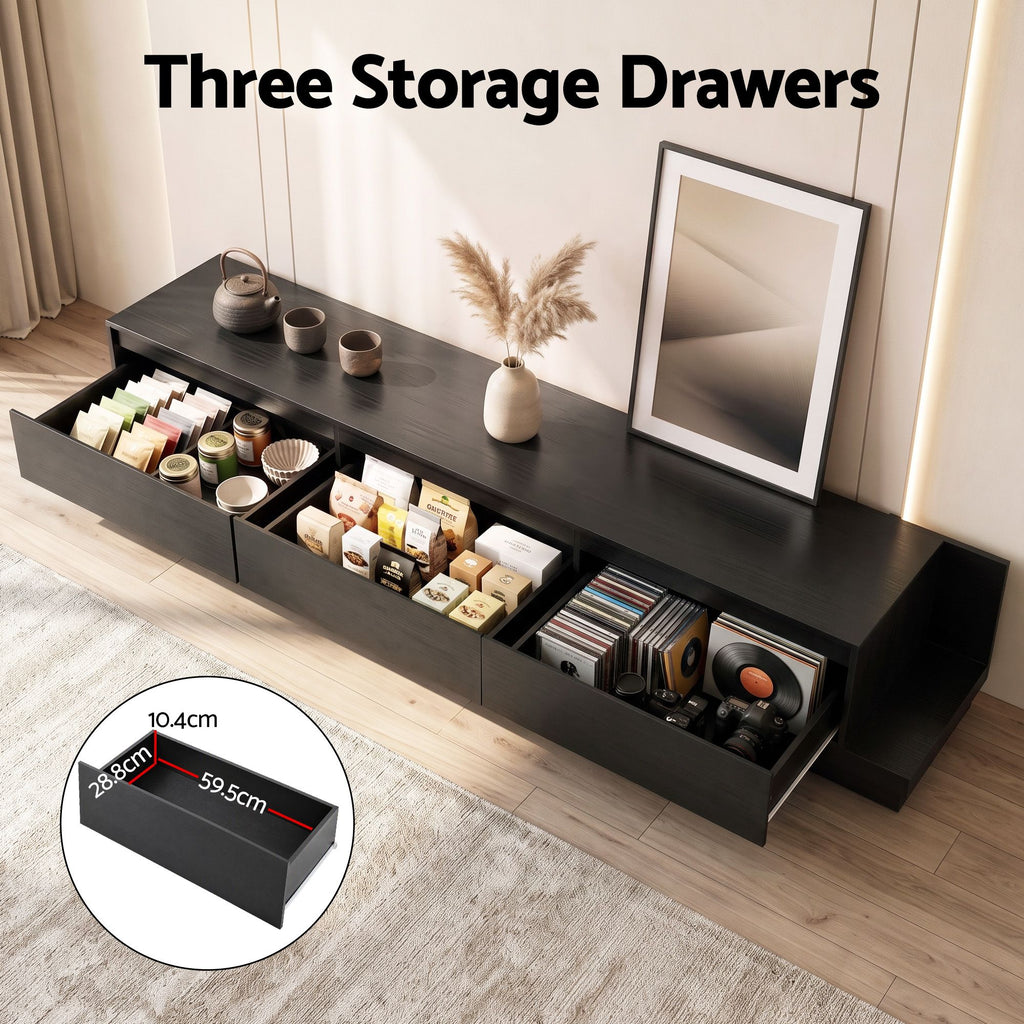 TV Unit with 3 Drawers – Extendable, Dark Walnut & Black