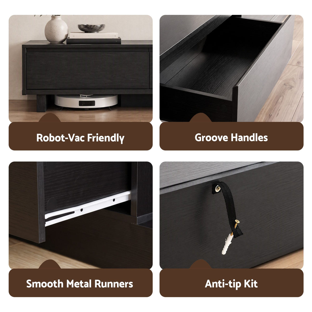 TV Unit with 3 Drawers – Extendable, Dark Walnut & Black