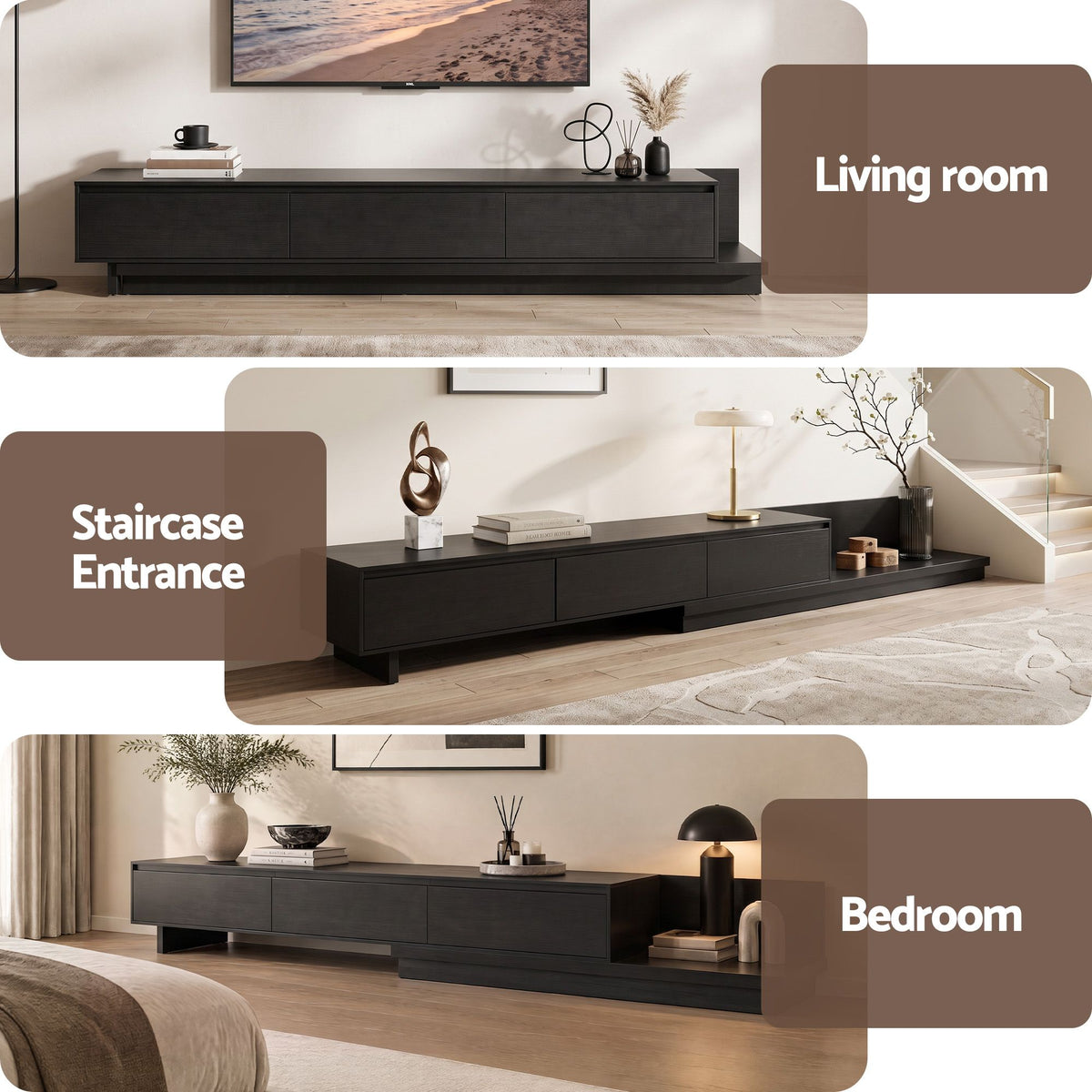 TV Unit with 3 Drawers – Extendable, Dark Walnut & Black