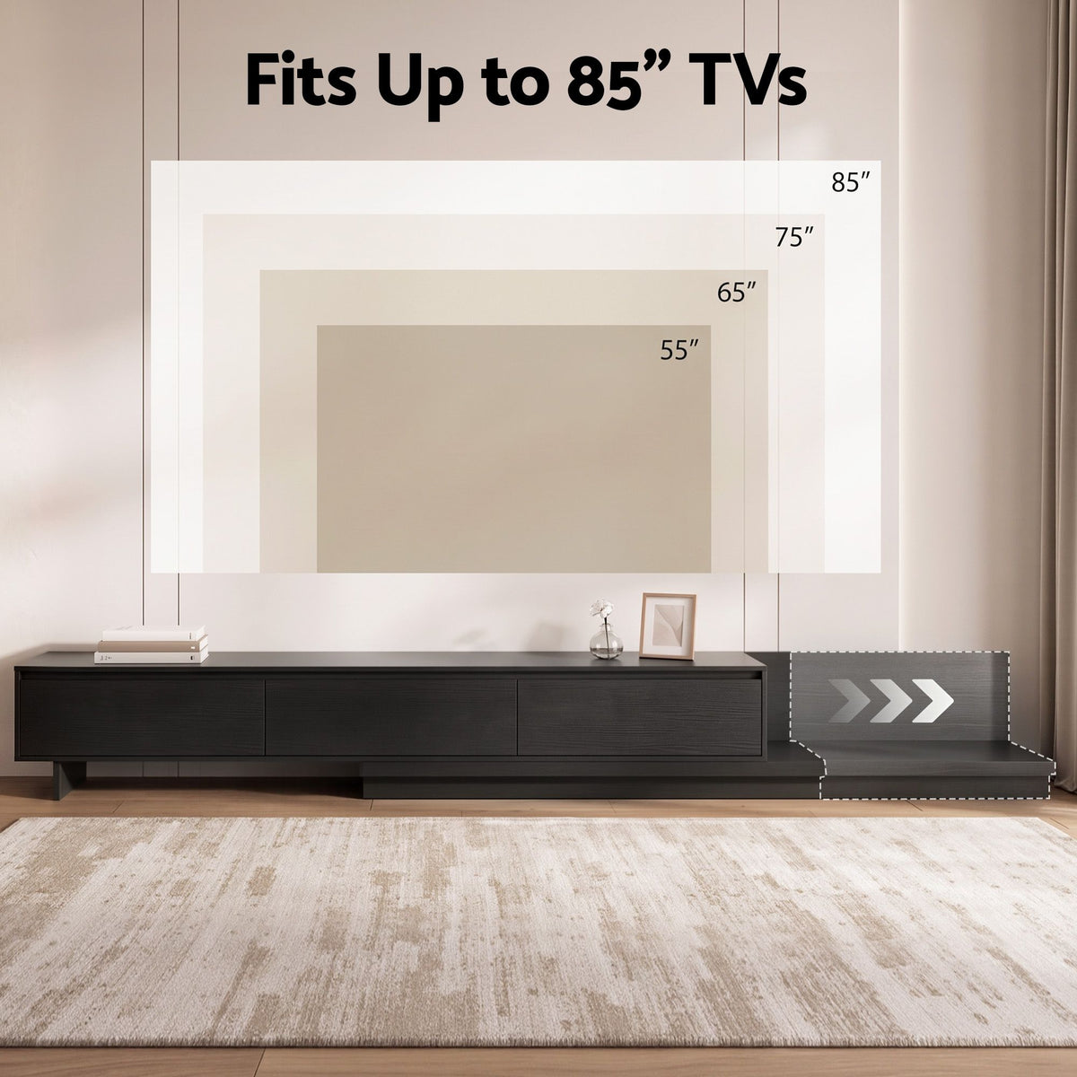 TV Unit with 3 Drawers – Extendable, Dark Walnut & Black