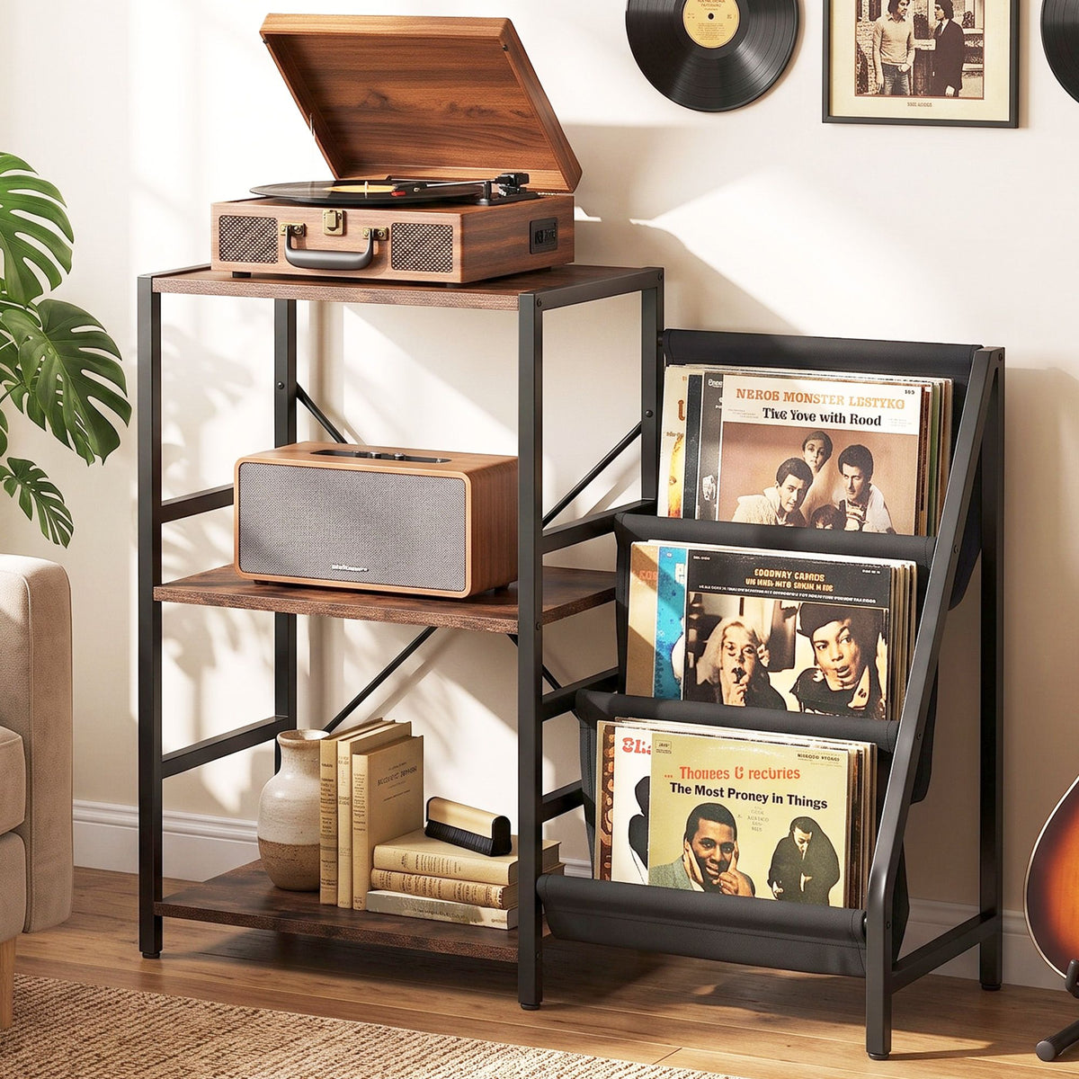 Record Player Stand with Vinyl Storage – 3 Tiers