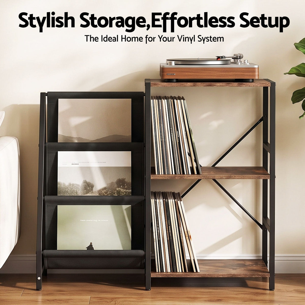 Record Player Stand with Vinyl Storage – 3 Tiers
