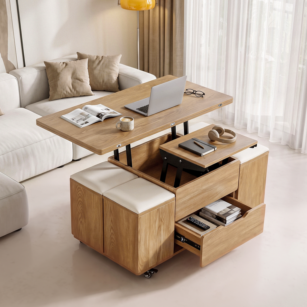 Lift-Top Coffee Table with 4 Chairs – 3-in-1, Natural