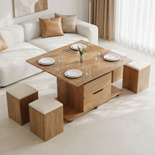 3-in-1 Lift-Top Coffee Table with 4 Chairs – Natural