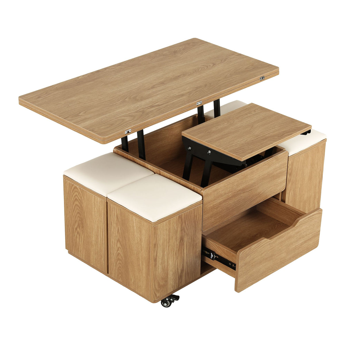 Lift-Top Coffee Table with 4 Chairs – 3-in-1, Natural