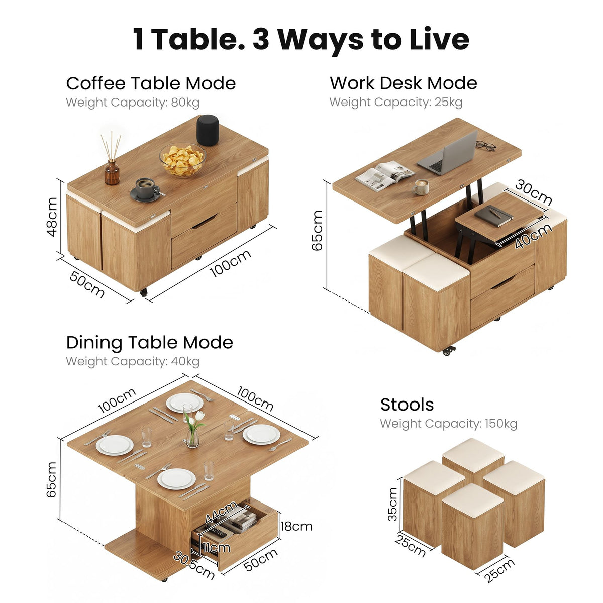 Lift-Top Coffee Table with 4 Chairs – 3-in-1, Natural
